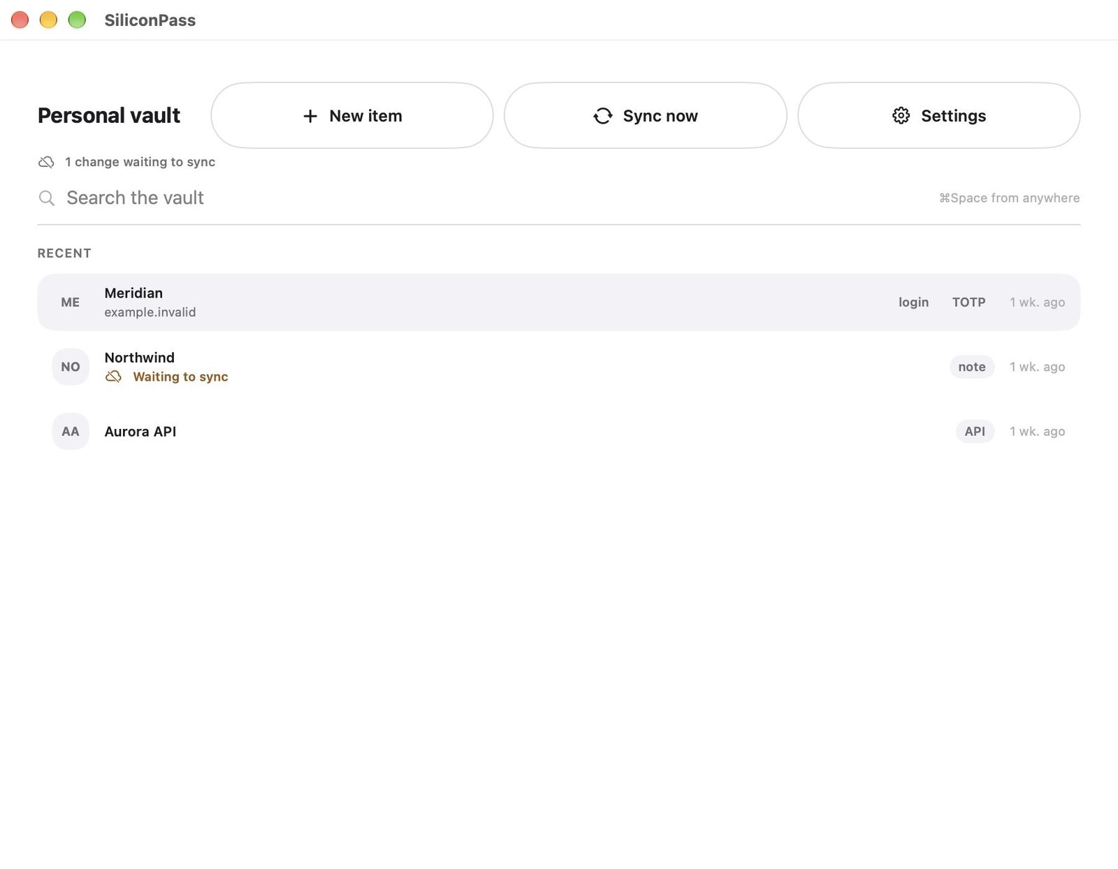 The personal vault on Mac, with the search field, recent items and their sync state.