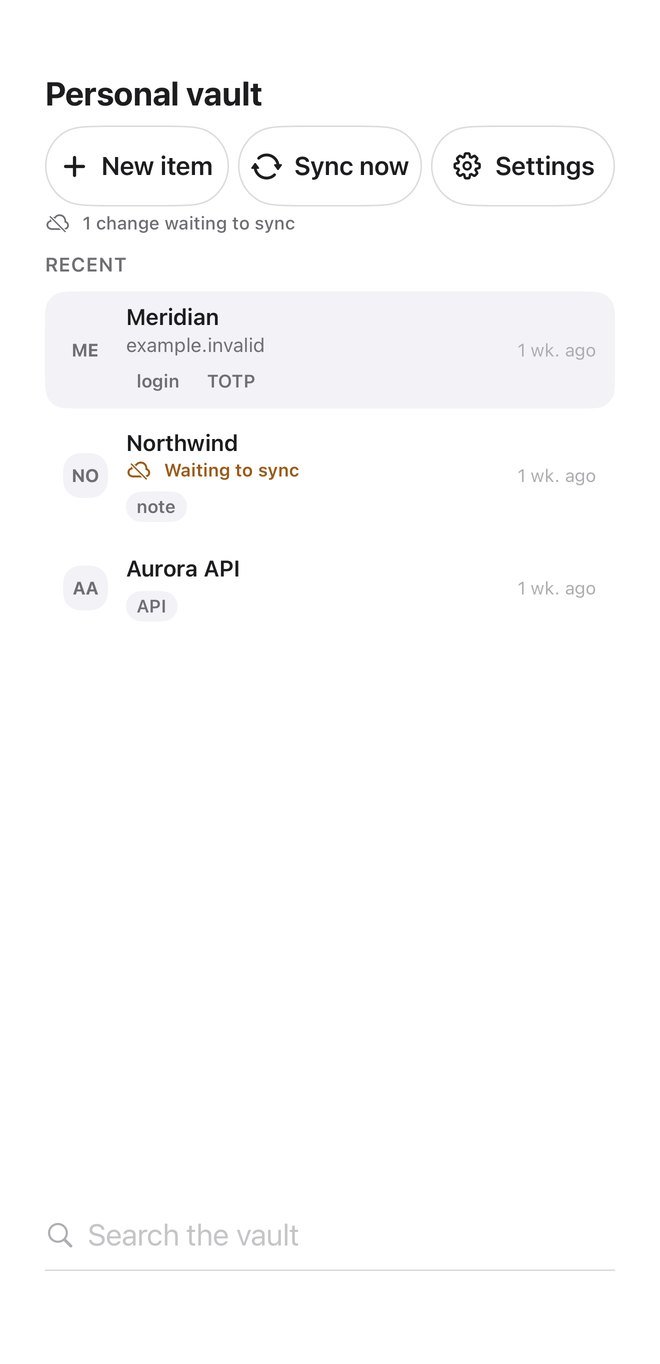 The personal vault on iPhone, listing recent items with their types and sync state.