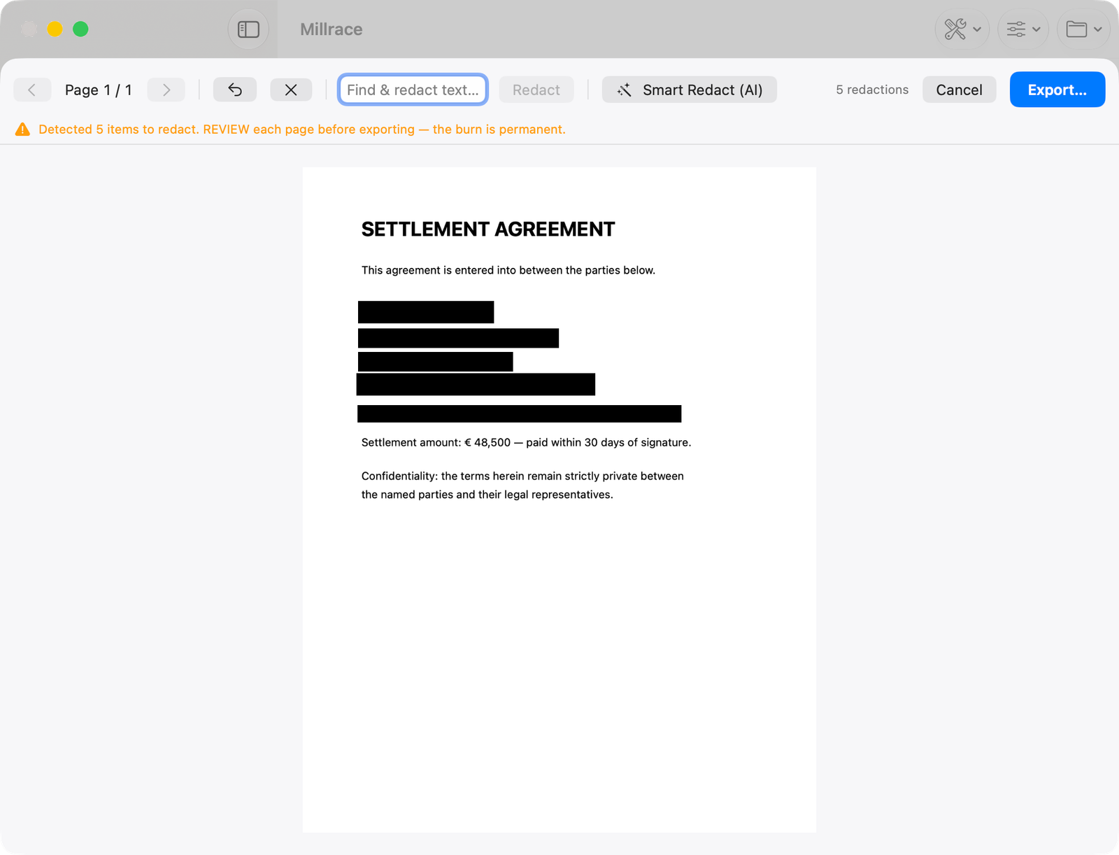 Millrace Smart Redact detecting and permanently removing personal information from a document