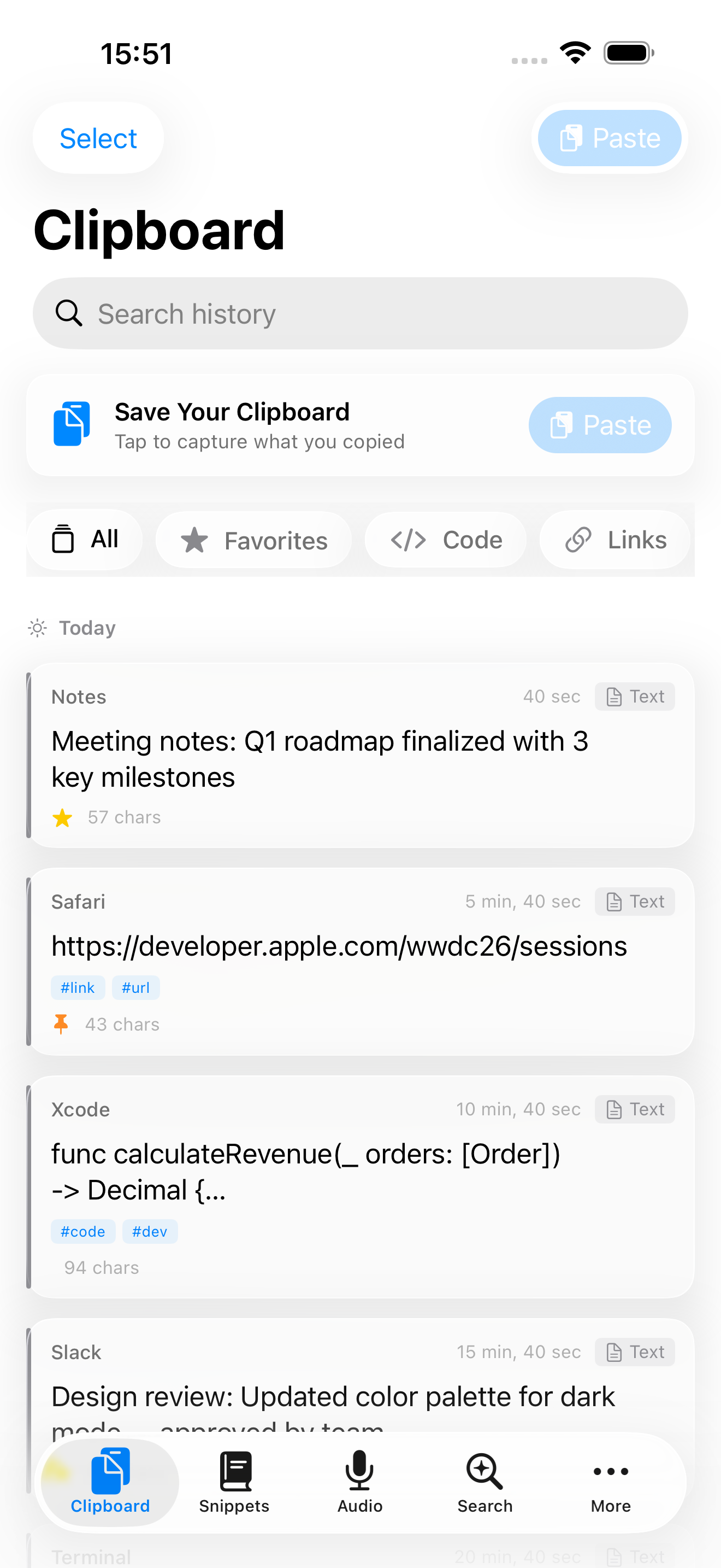 Clasp clipboard history view