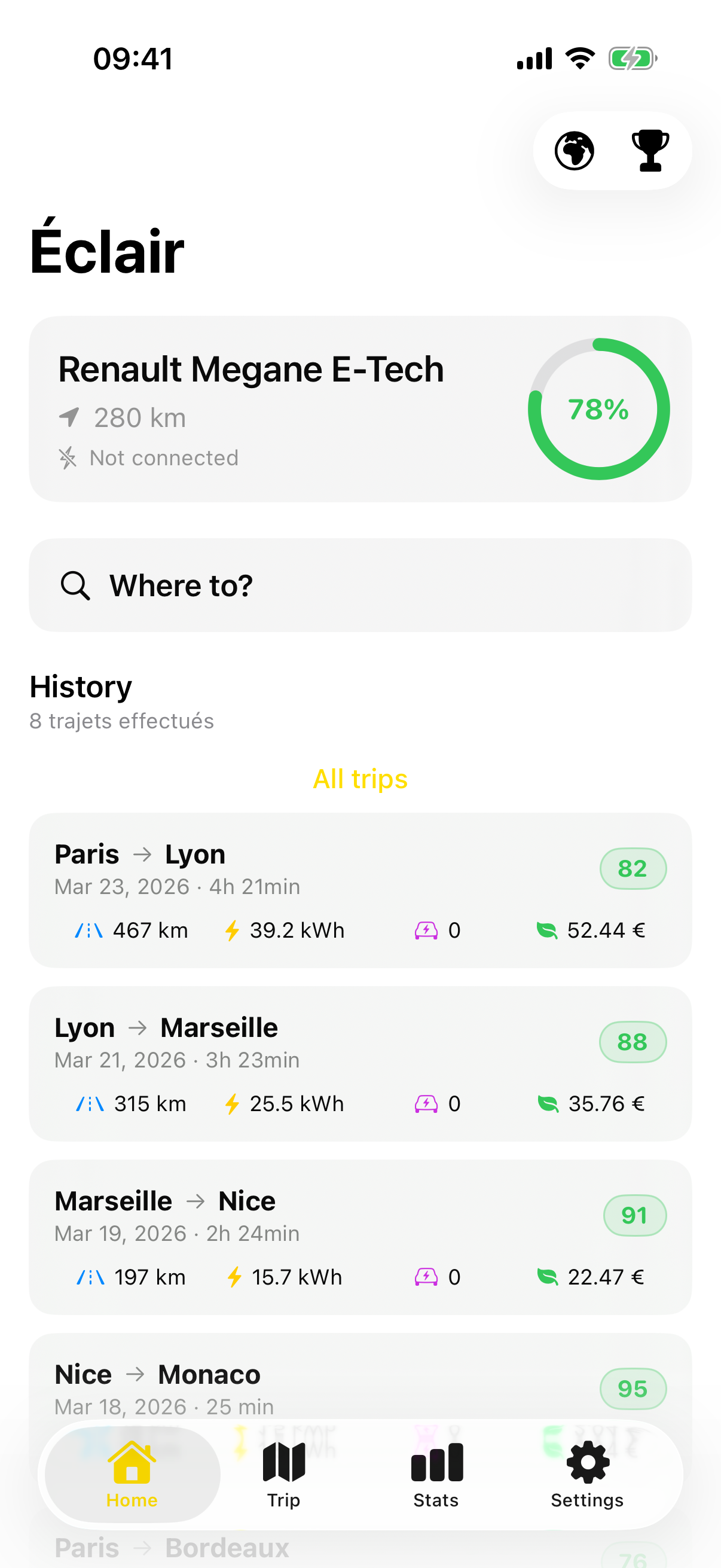 Éclair home screen with vehicle card and trip history