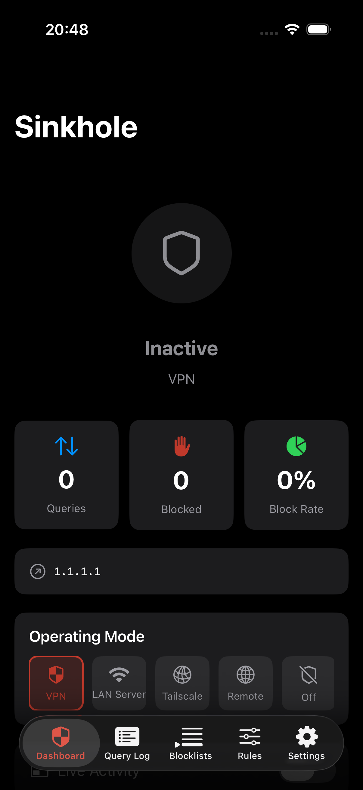 Sinkhole Dashboard with real-time DNS query chart and live traffic feed