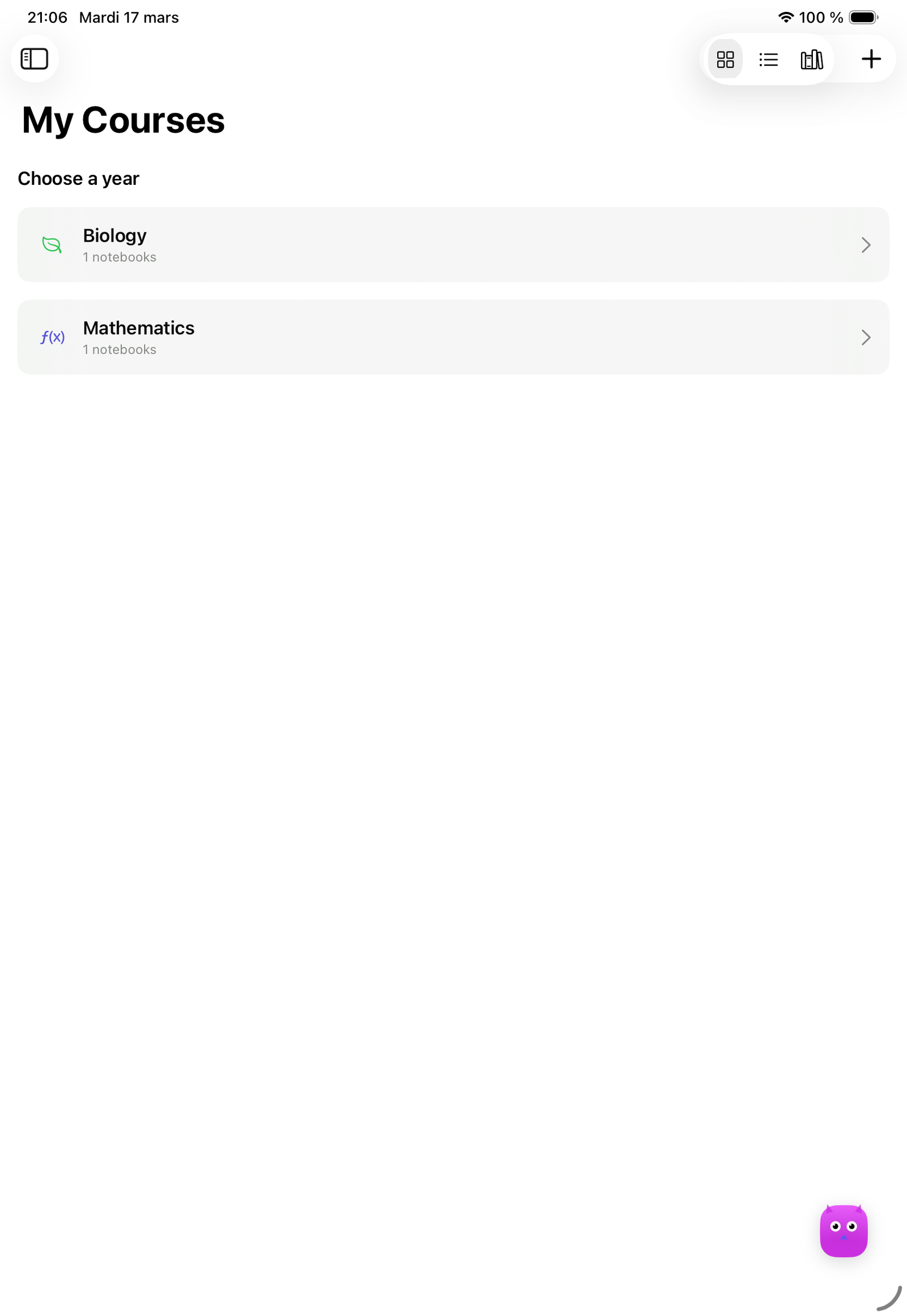 Synthesis course library showing Biology and Mathematics notebooks