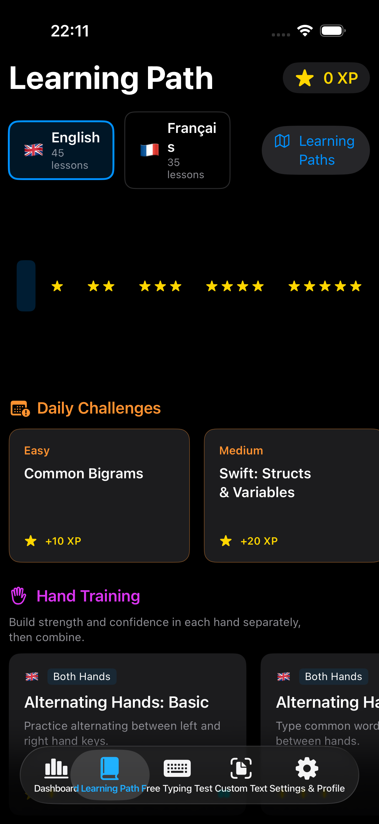 TypeMetrics Learning Path with 80 bilingual lessons, daily challenges, and hand training