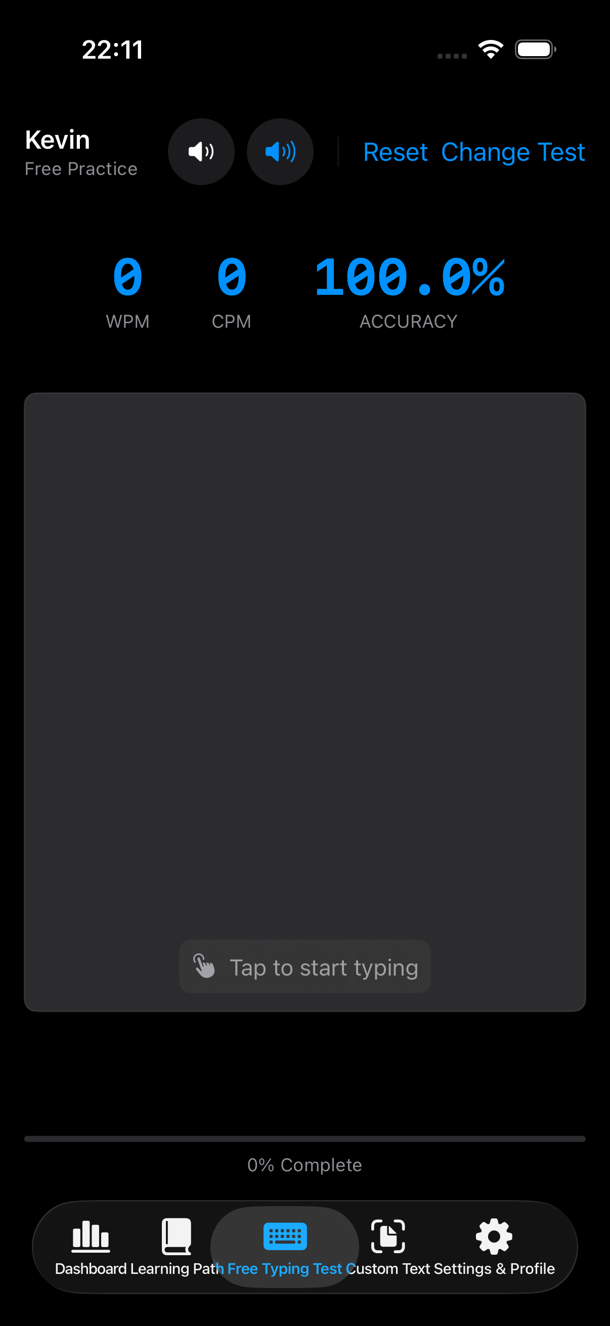 TypeMetrics free typing test showing WPM, CPM, and accuracy metrics
